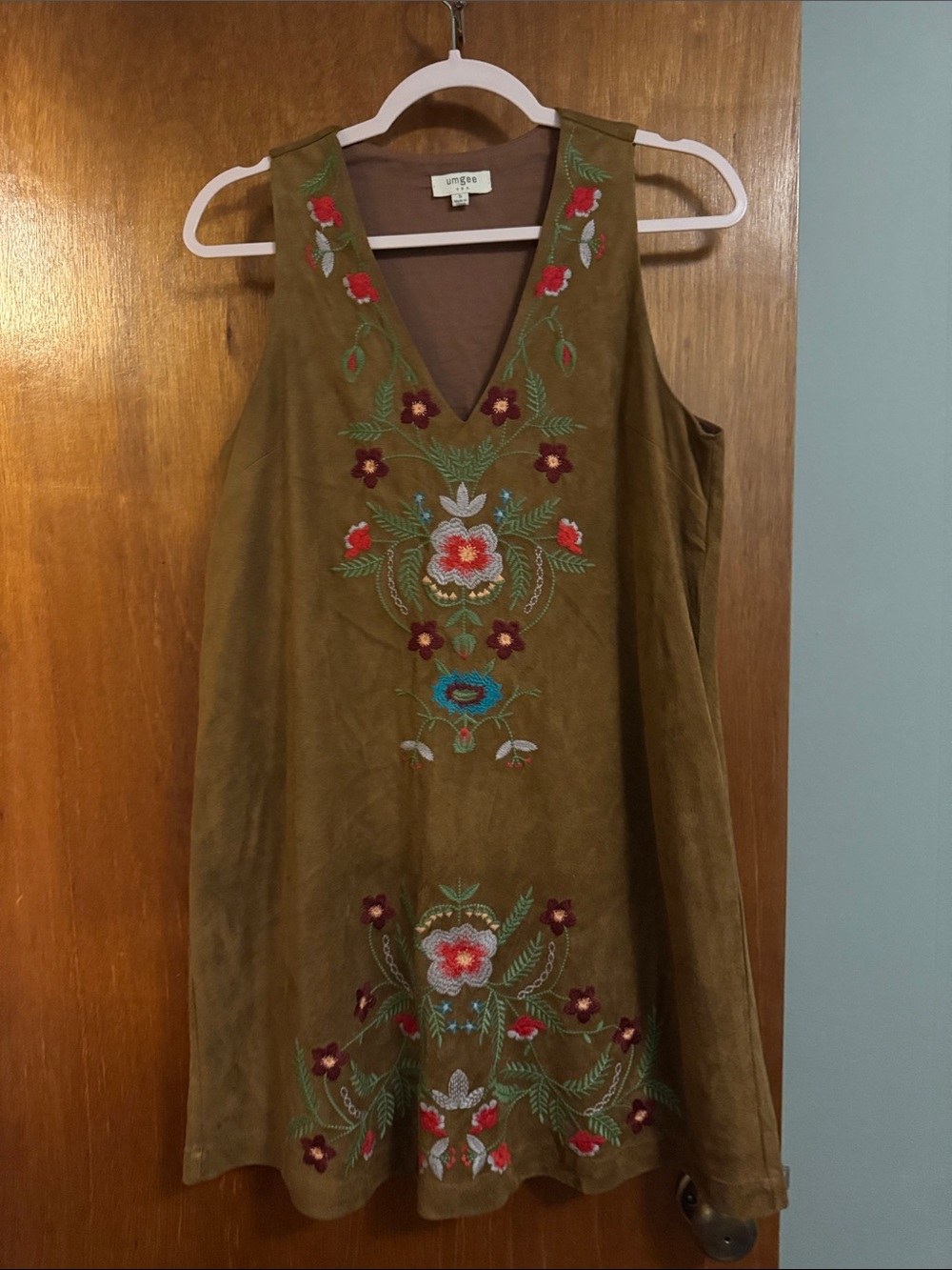 Umgee Olive Embroidered Sleeveless V-Neck Shift Dress